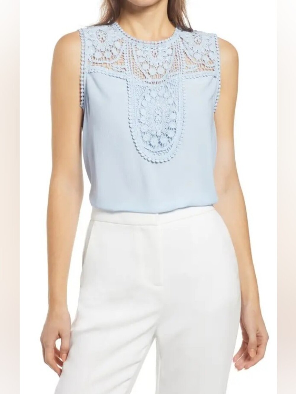 Halogen Lace & Crepe Top Blouse Sleeveless Light Blue Size Small Nordstrom NWT